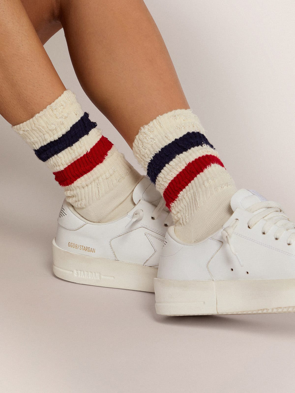 Golden Goose Vintage white socks with distressed details and two-tone stripes
