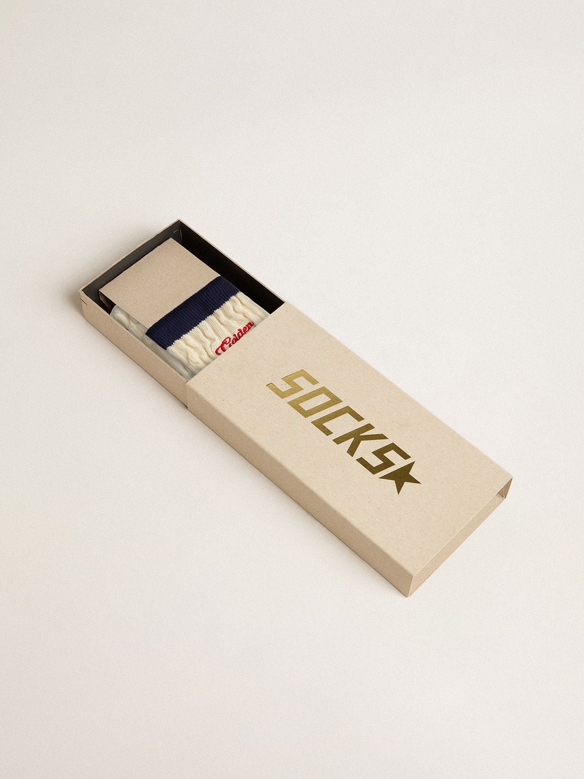Golden Goose Cream ribbed socks with navy blue details and red logo