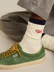 Golden Goose Cream ribbed socks with navy blue details and red logo