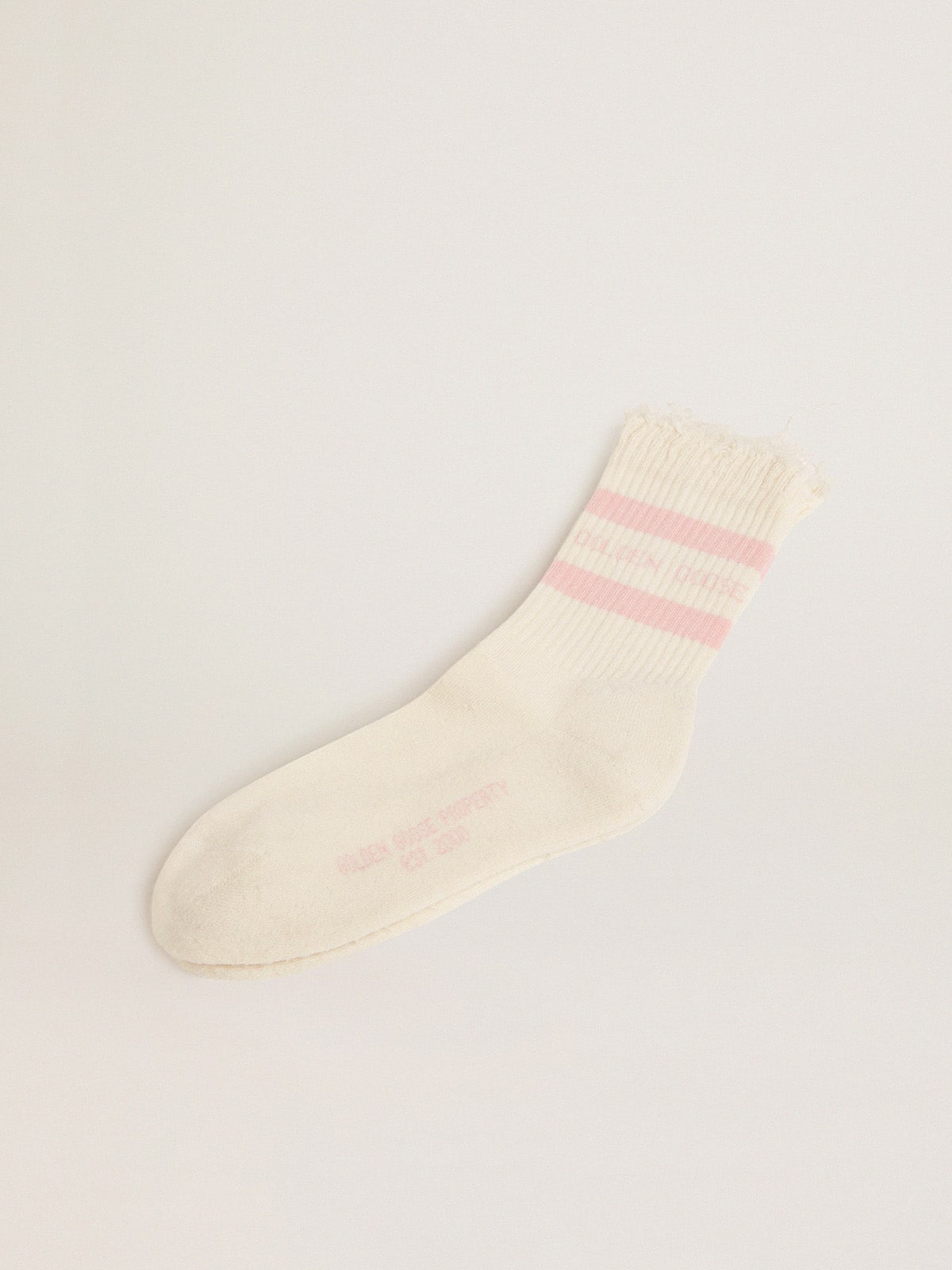 Golden Goose Distressed-finish white socks with baby-pink logo and stripes