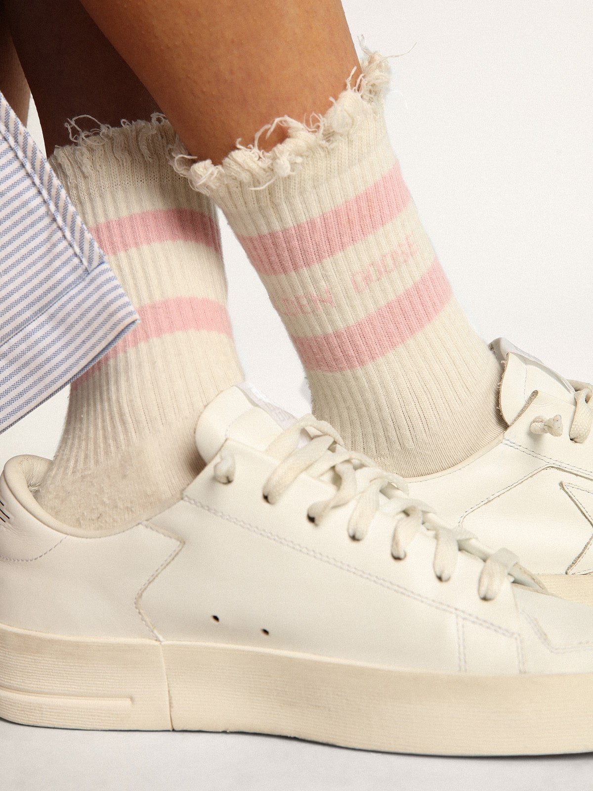 Golden Goose Distressed-finish white socks with baby-pink logo and stripes