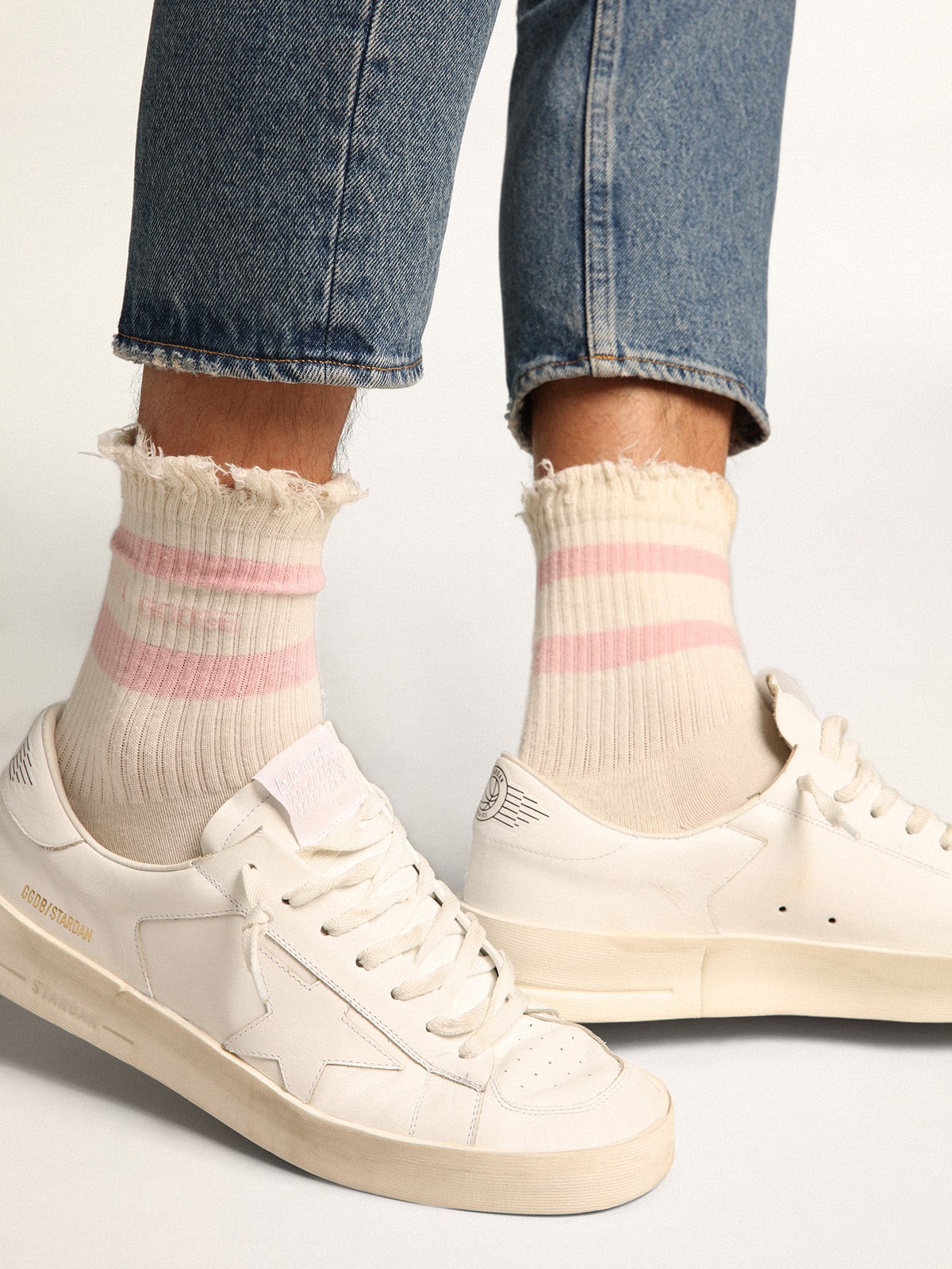 Golden Goose Distressed-finish white socks with baby-pink logo and stripes