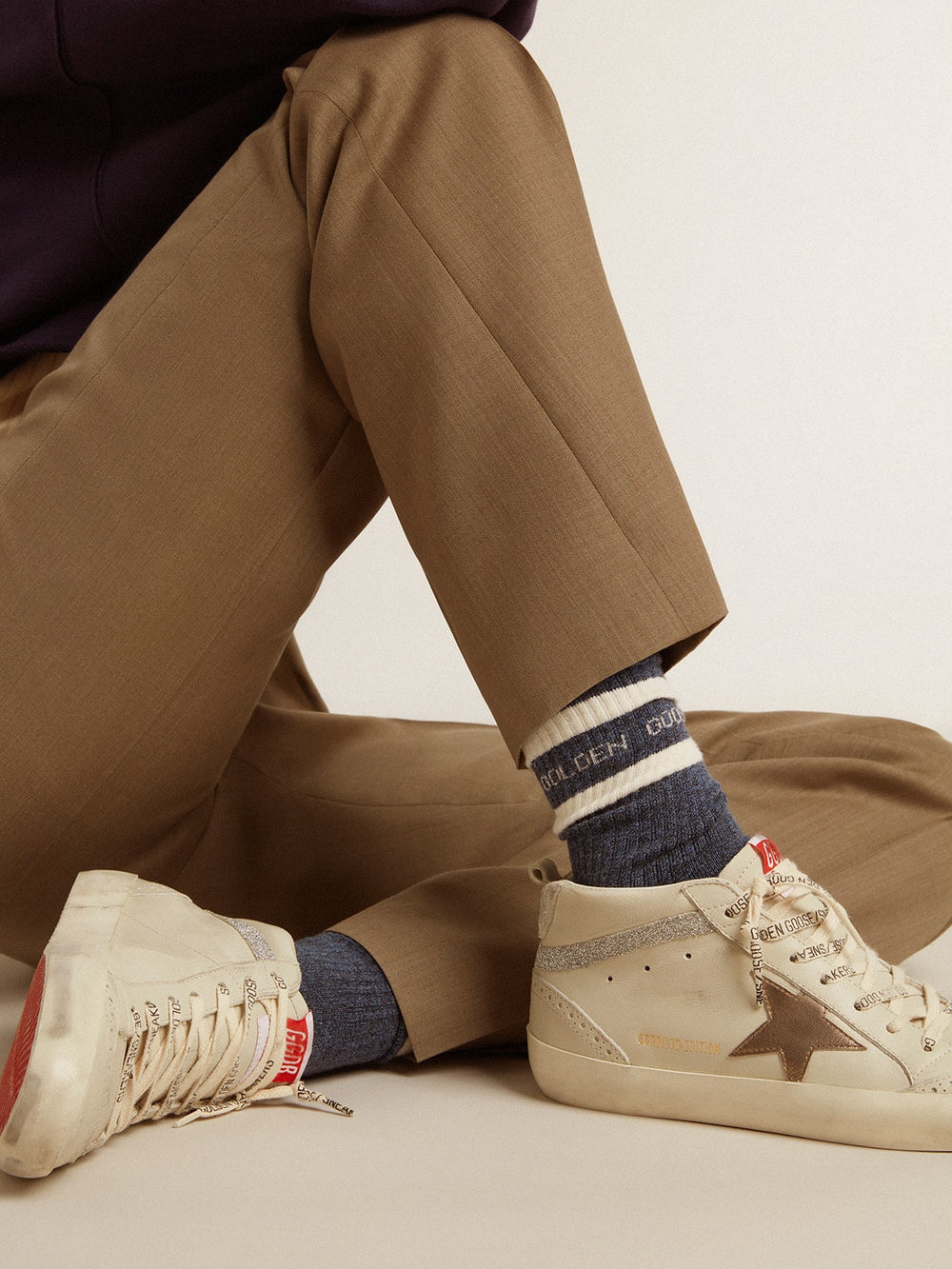 Golden Goose Blue socks with contrasting white stripes and white logo