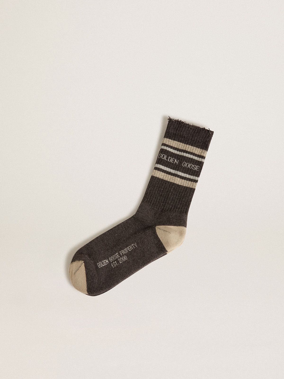 Golden Goose Dark grey socks with distressed details and cream and worn-white stripes