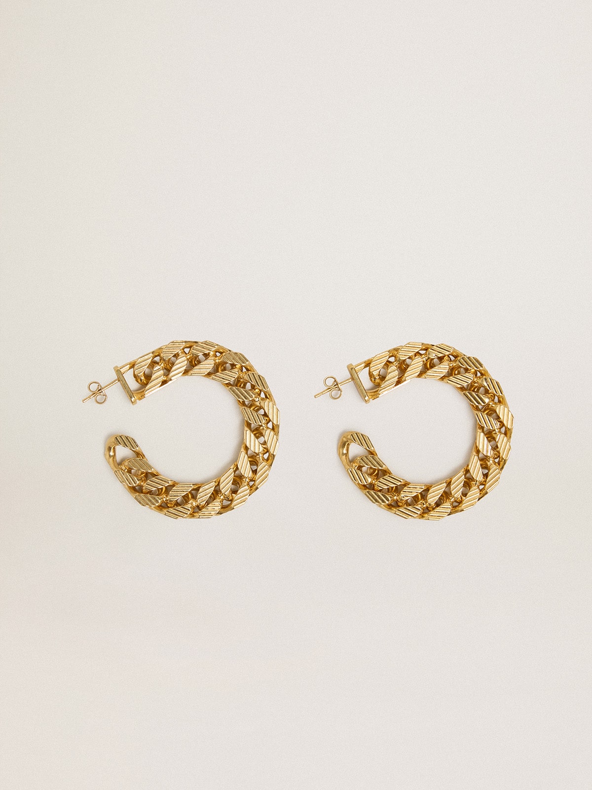 Golden Goose Chain hoop earrings with antique gold colored braided links