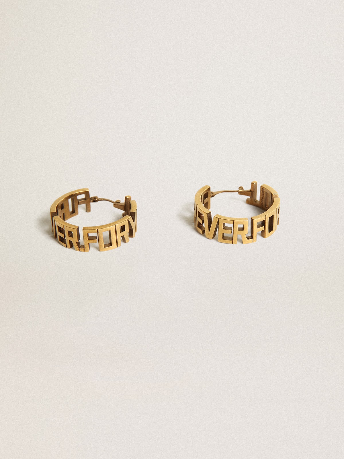 Golden Goose Hoop earrings in antique gold color with Forever For You lettering