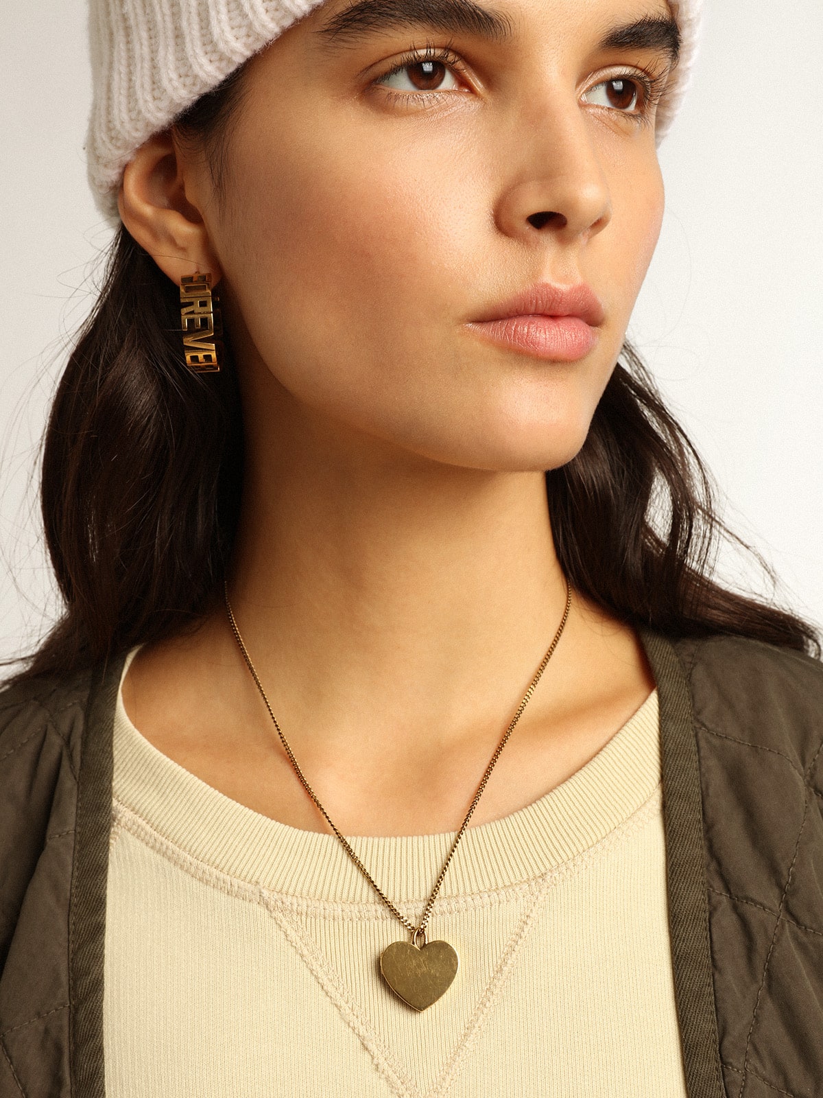 Golden Goose Hoop earrings in antique gold color with Forever For You lettering