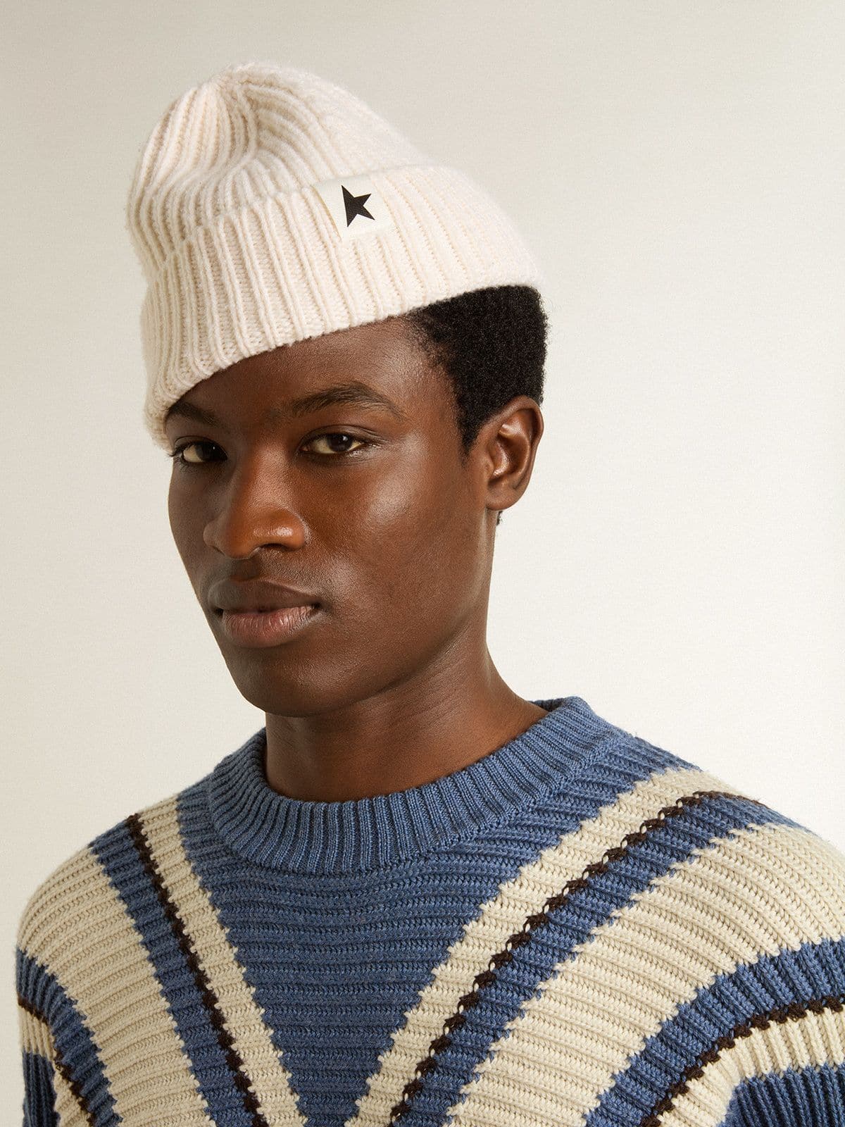 Golden Goose White wool beanie with black star