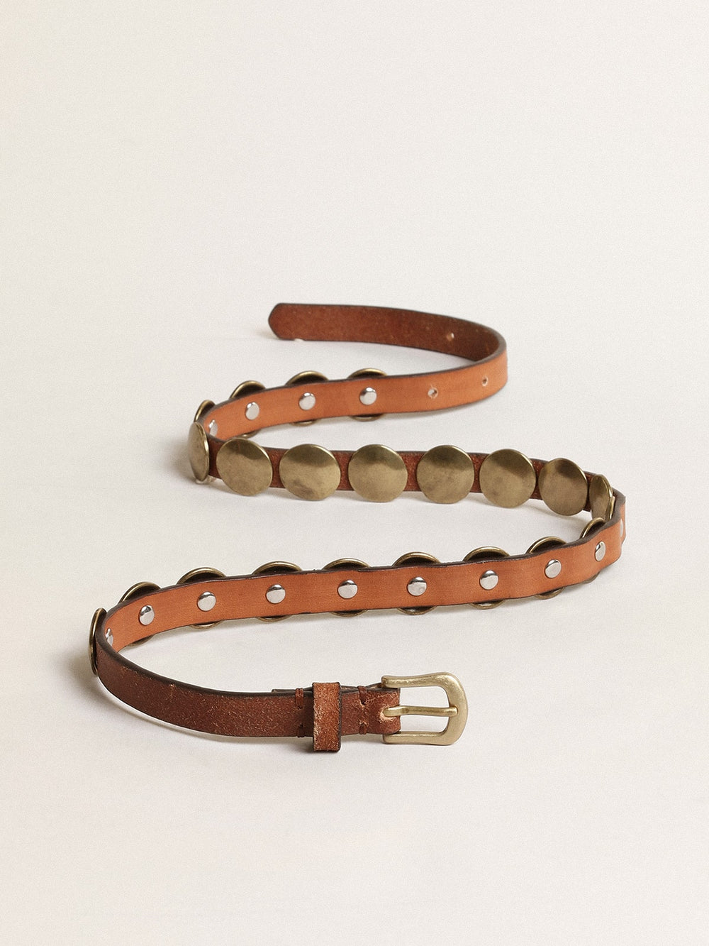 Golden Goose Trinidad belt in aged tan-colored leather with golden maxi studs