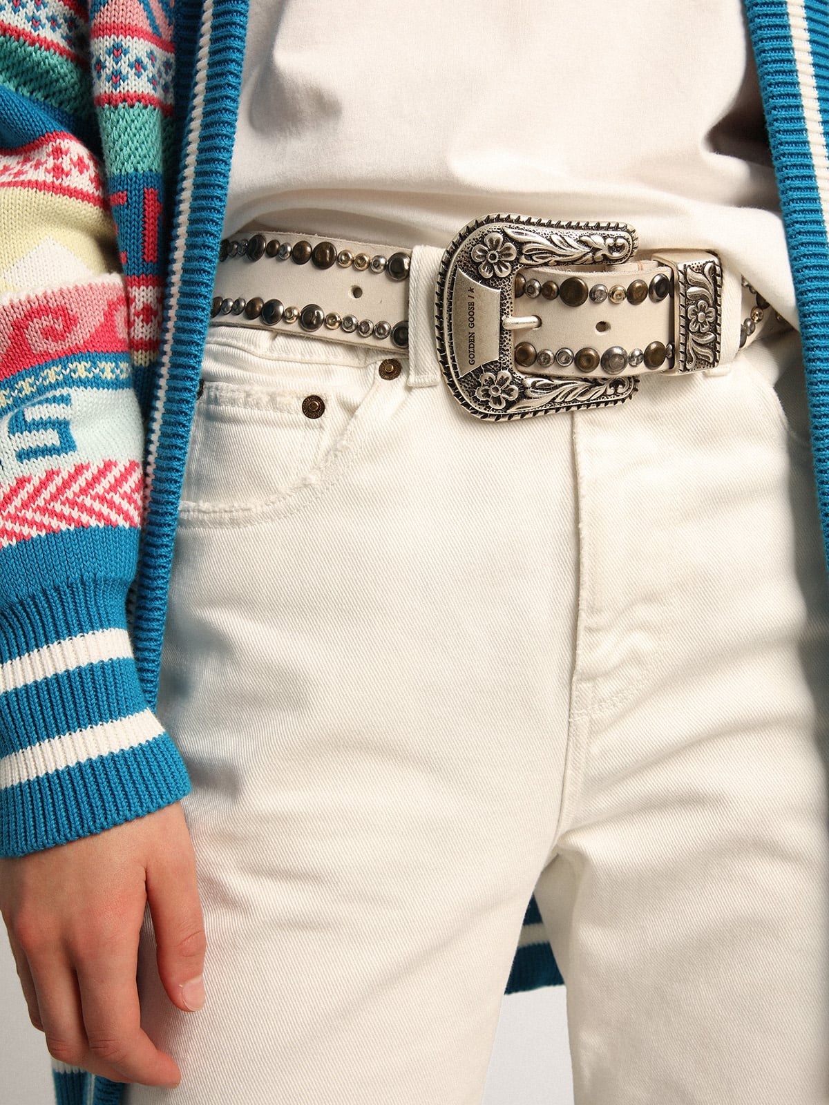 Golden Goose Women's belt in white leather with colored studs