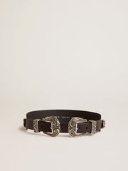 Golden Goose Black belt in washed leather with silver-colored double buckle