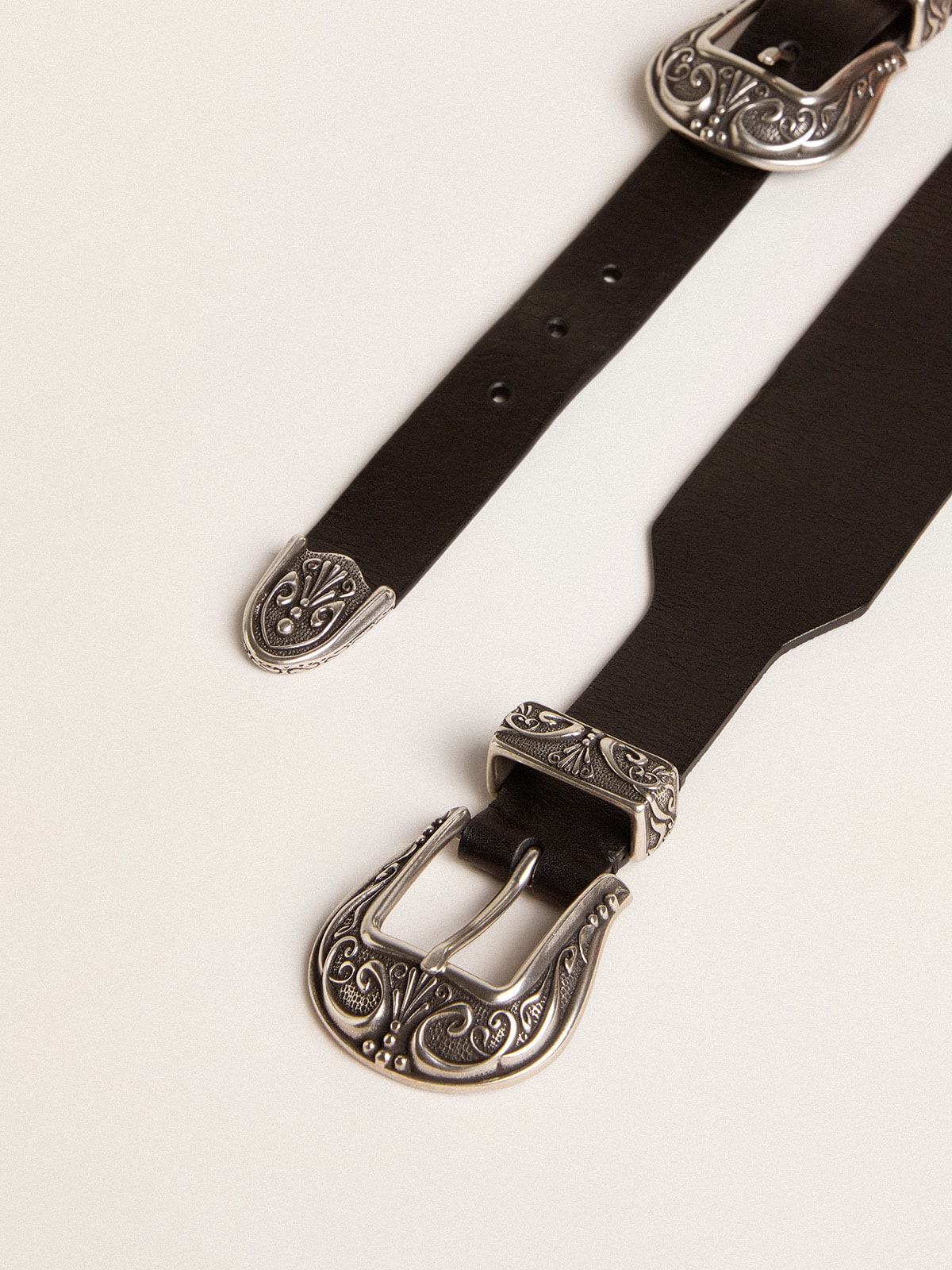 Golden Goose Black belt in washed leather with silver-colored double buckle