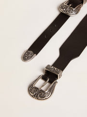 Golden Goose Black belt in washed leather with silver-colored double buckle
