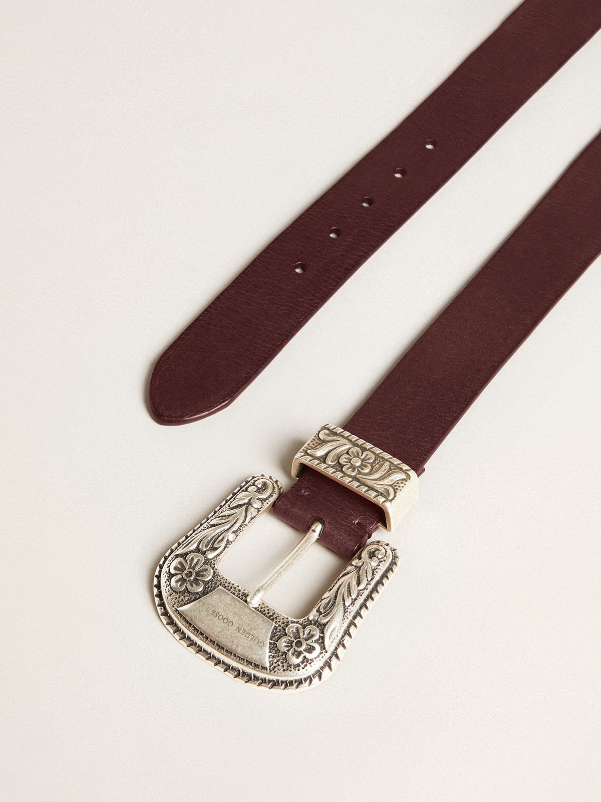 Golden Goose Women’s belt in burgundy leather with decorated silver buckle