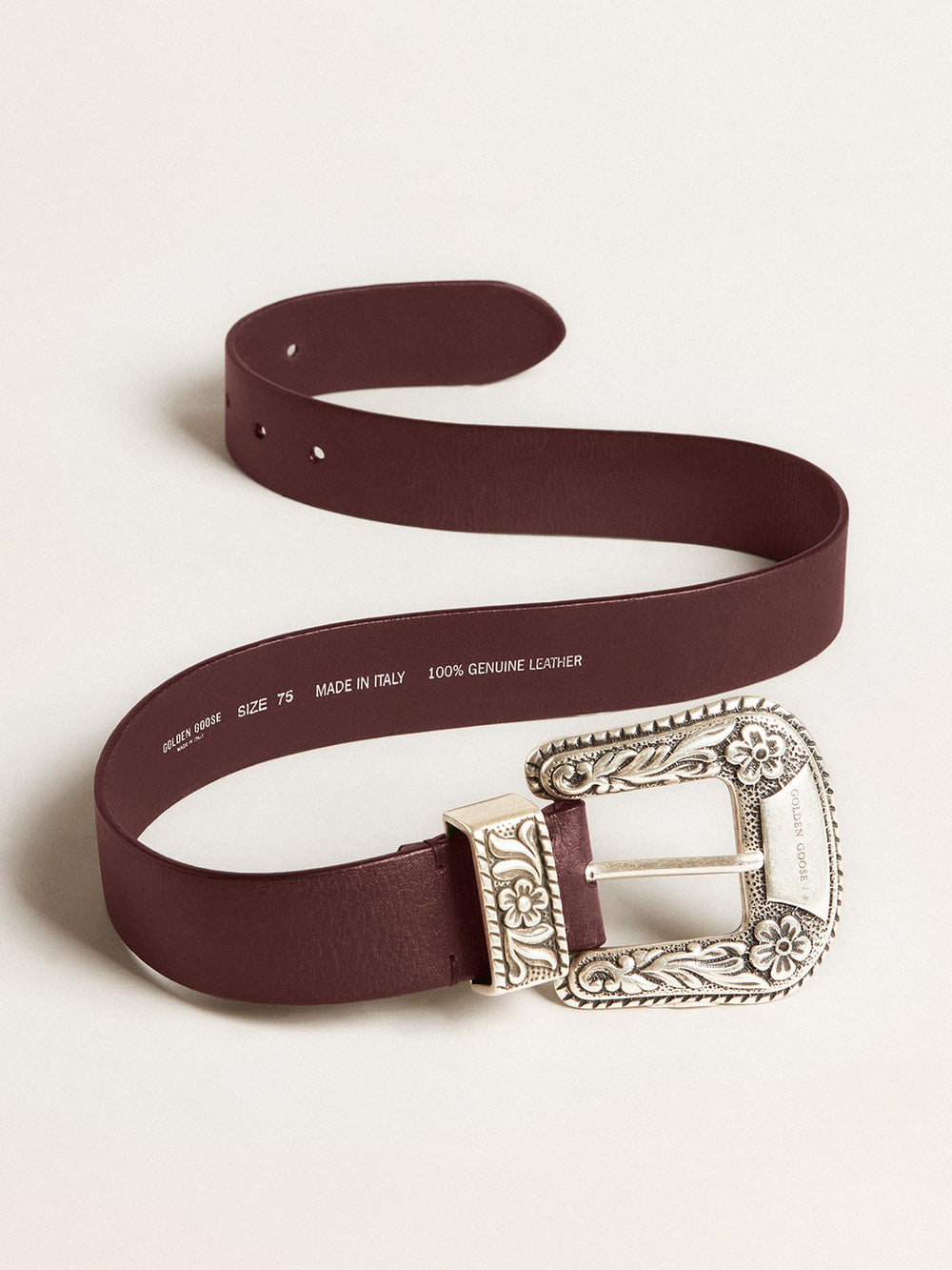 Golden Goose Women’s belt in burgundy leather with decorated silver buckle