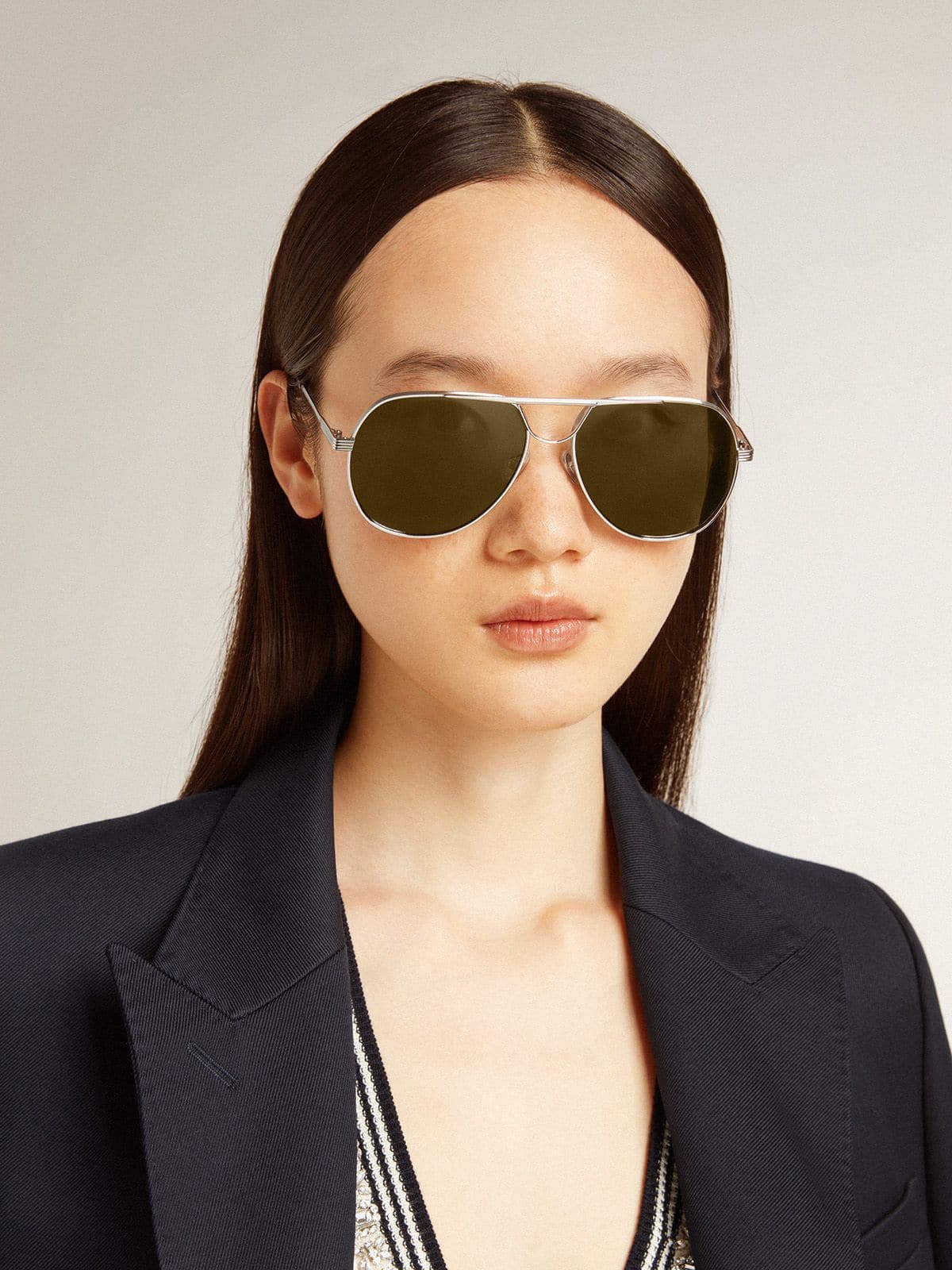 Golden Goose Aviator sunglasses with silver frame and green lenses