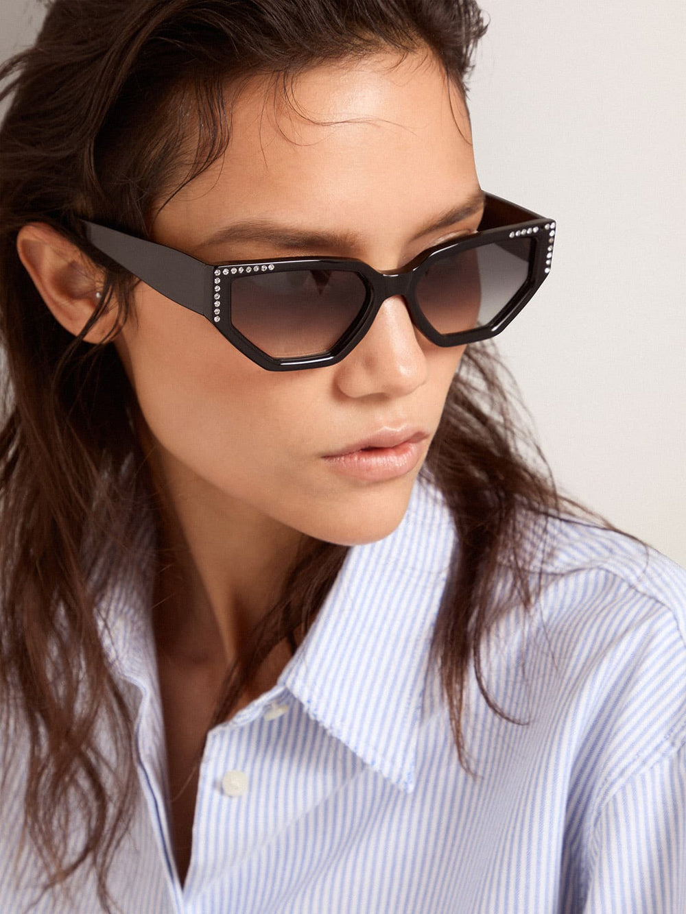 Golden Goose Sunglasses rectangular model with black frame and crystals