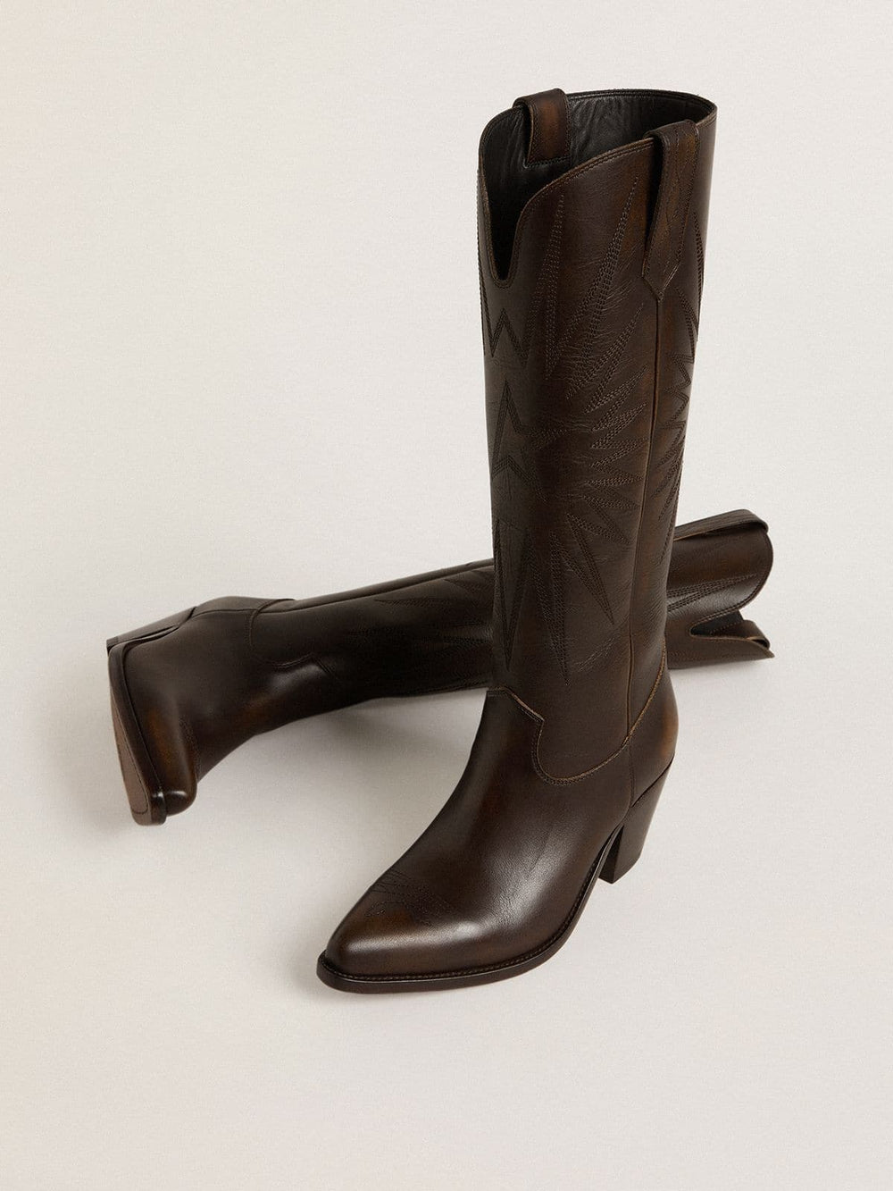 Golden Goose Wish Star boots in dark brown leather with tone-on-tone embroidered star