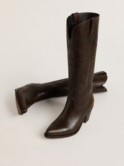 Golden Goose Wish Star boots in dark brown leather with tone-on-tone embroidered star