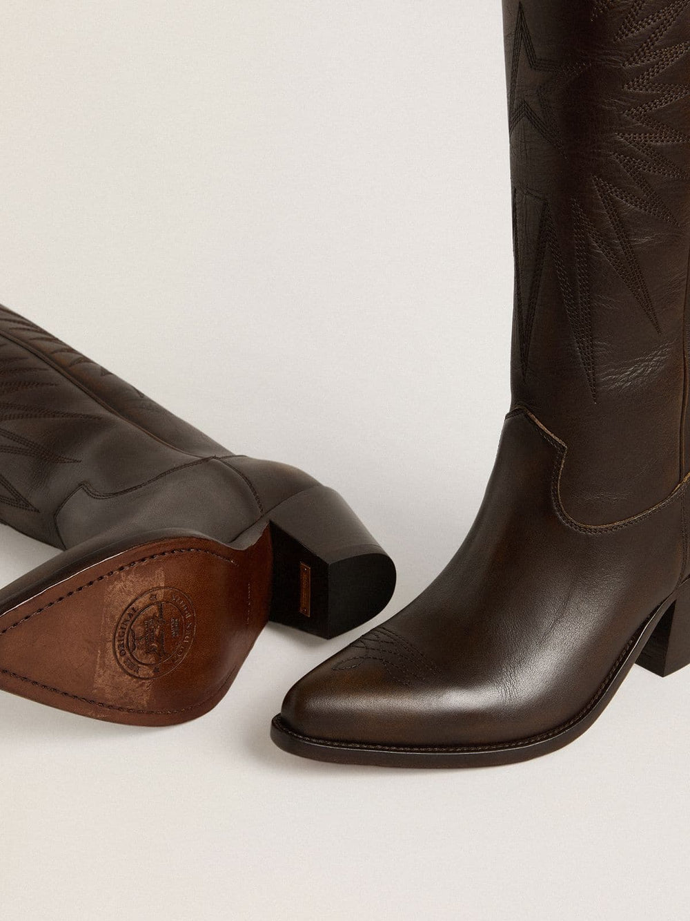 Golden Goose Wish Star boots in dark brown leather with tone-on-tone embroidered star