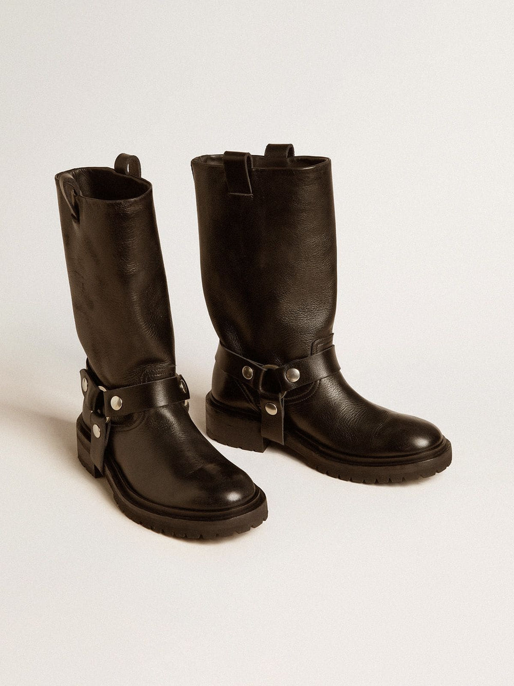 Golden Goose Kurt boots in glossy black leather with silver-colored buckle and studs