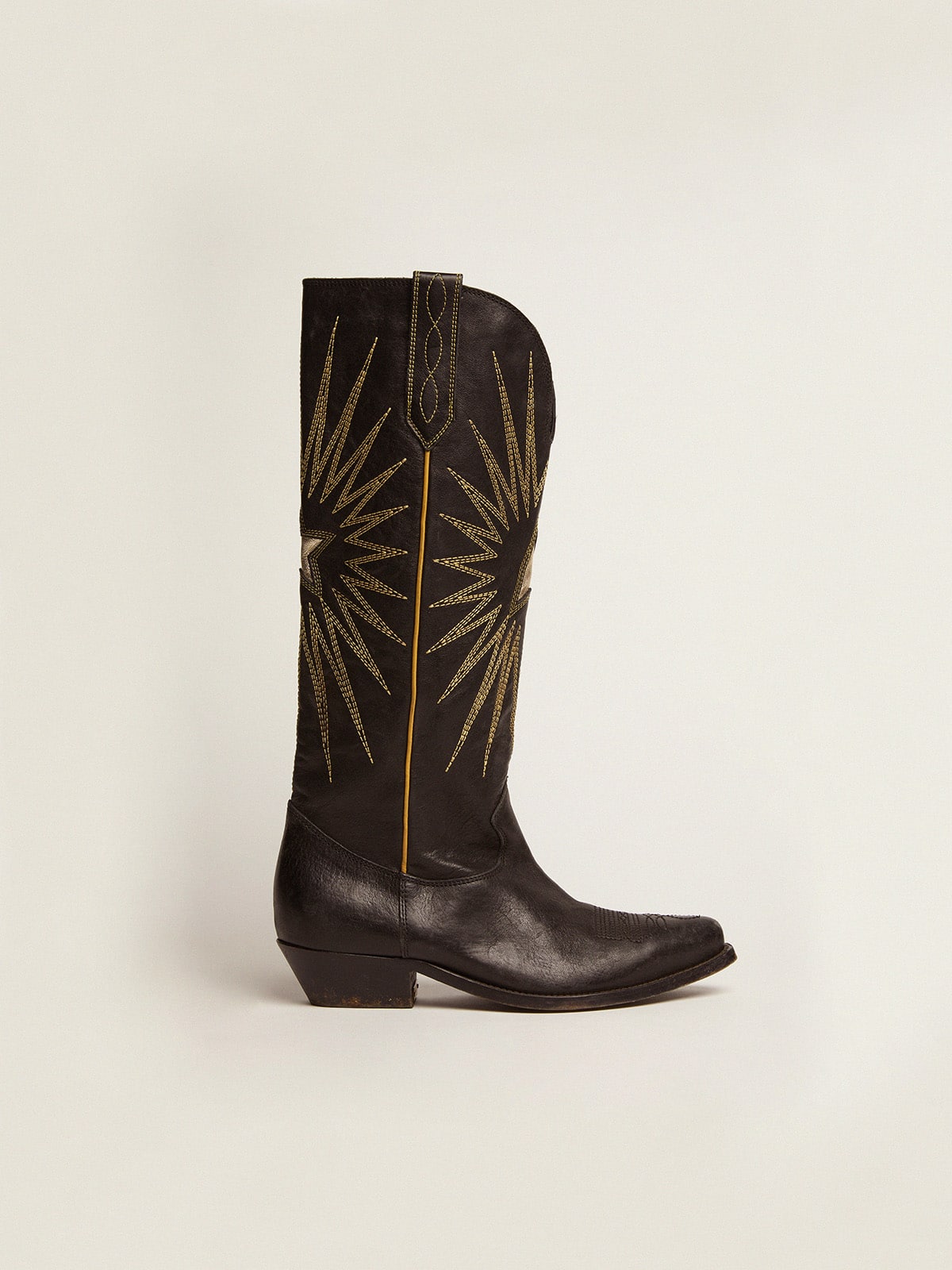 Golden Goose Wish Star boots in black leather with platinum laminated leather inlay star