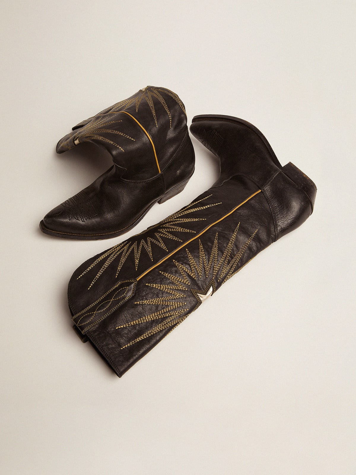 Golden Goose Wish Star boots in black leather with platinum laminated leather inlay star