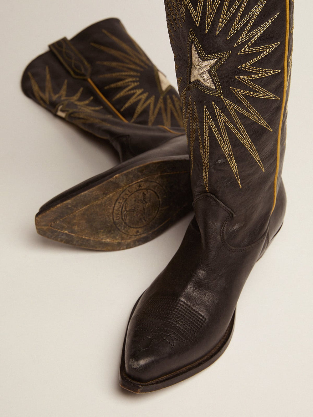 Golden Goose Wish Star boots in black leather with platinum laminated leather inlay star