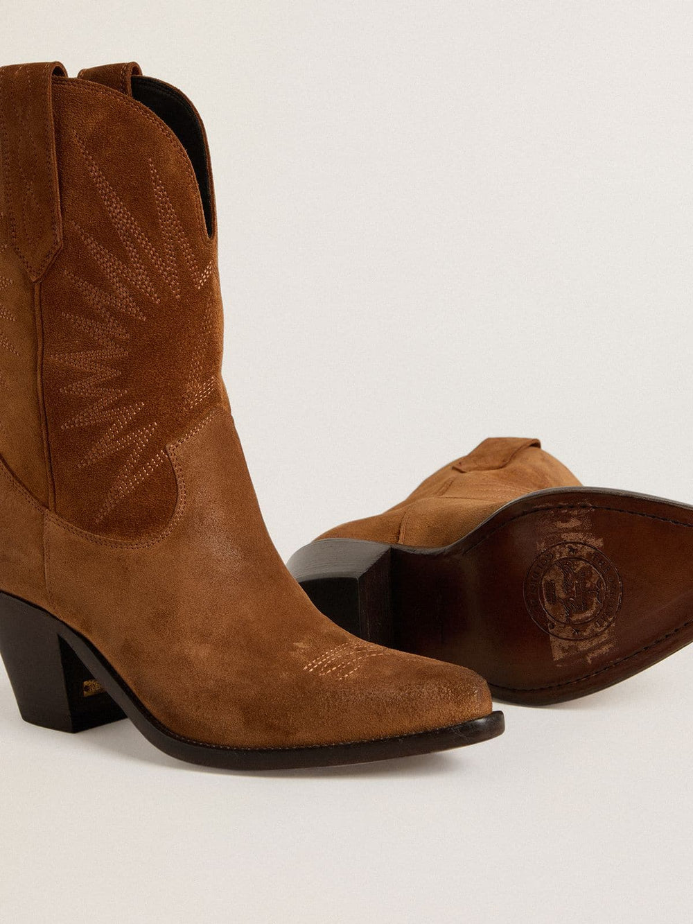 Golden Goose Low Wish Star boots in cognac suede with tone-on-tone embroidered star