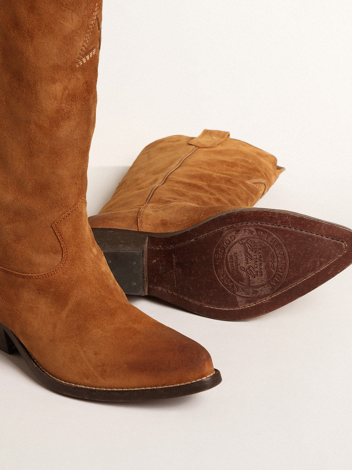 Golden Goose Wish Star boots in cognac suede with tone-on-tone inlay star