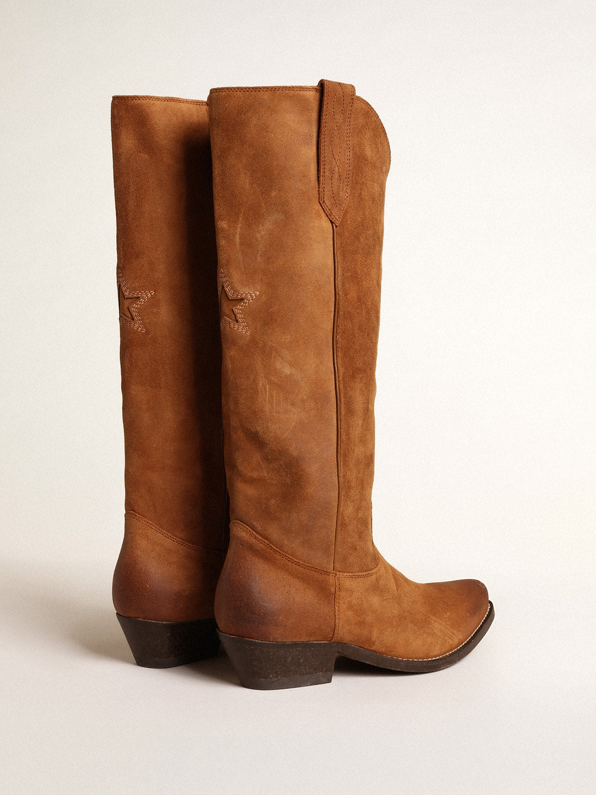 Golden Goose Wish Star boots in cognac suede with tone-on-tone inlay star