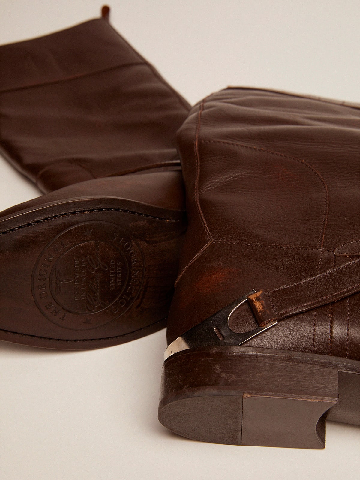 Golden Goose Women's Charlie boots in dark brown leather and clamp on the heel
