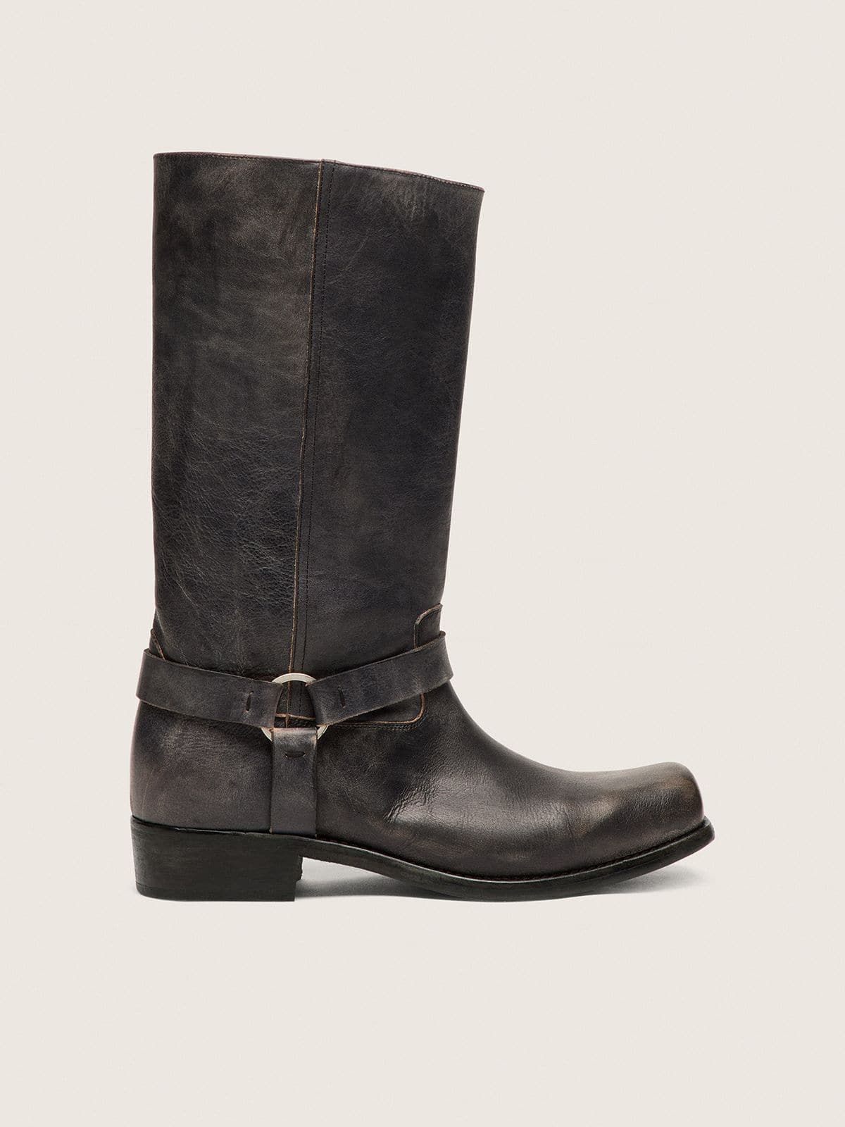 Golden Goose Women's high Biker boots in black leather with strap and silver-colored buckle