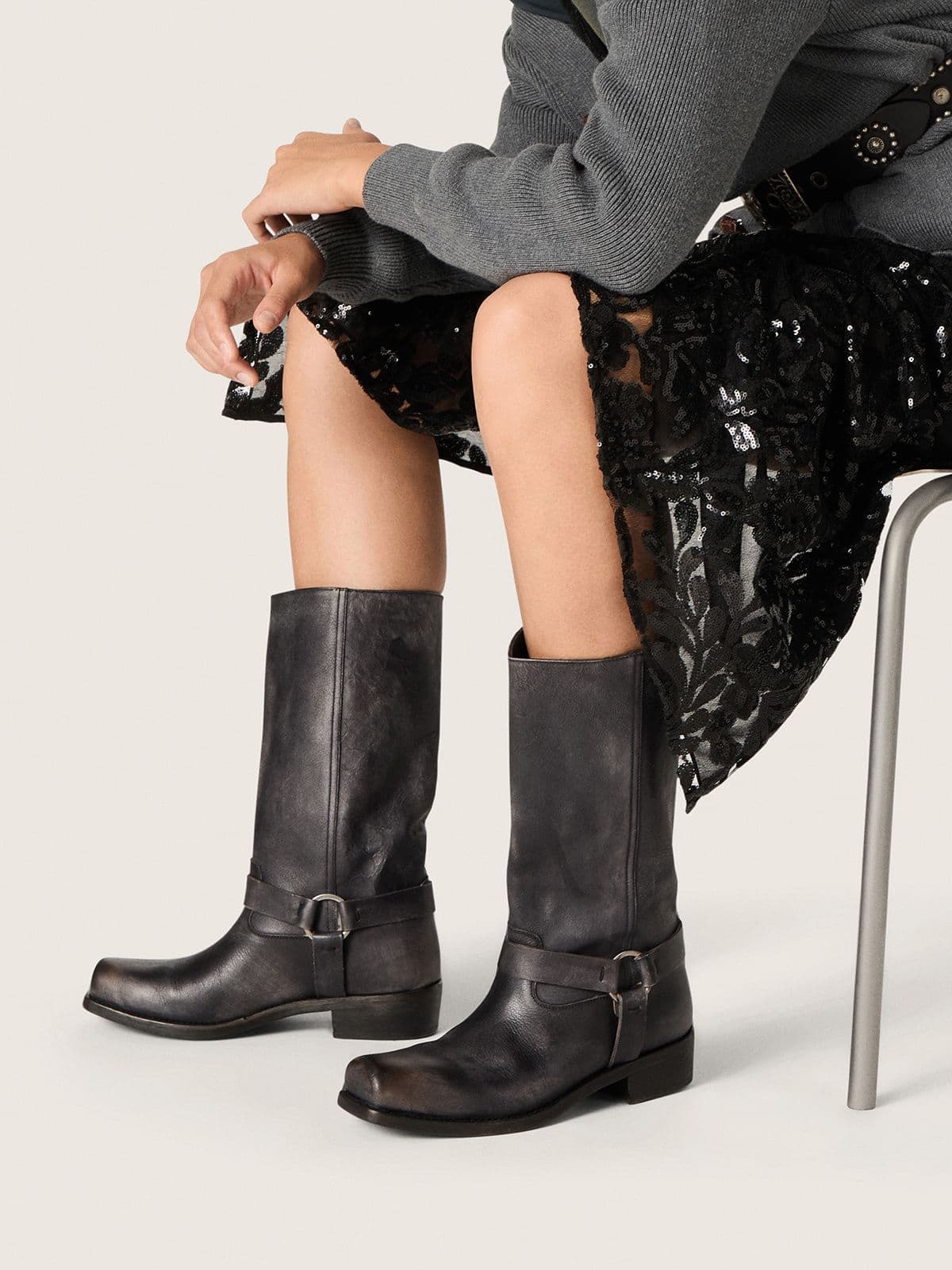 Golden Goose Women's high Biker boots in black leather with strap and silver-colored buckle