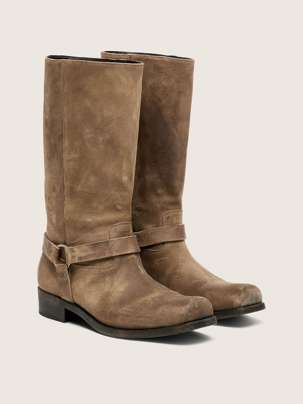 Golden Goose Women's high Biker boots in dark beige waxed suede with strap and a silver-colored buckle