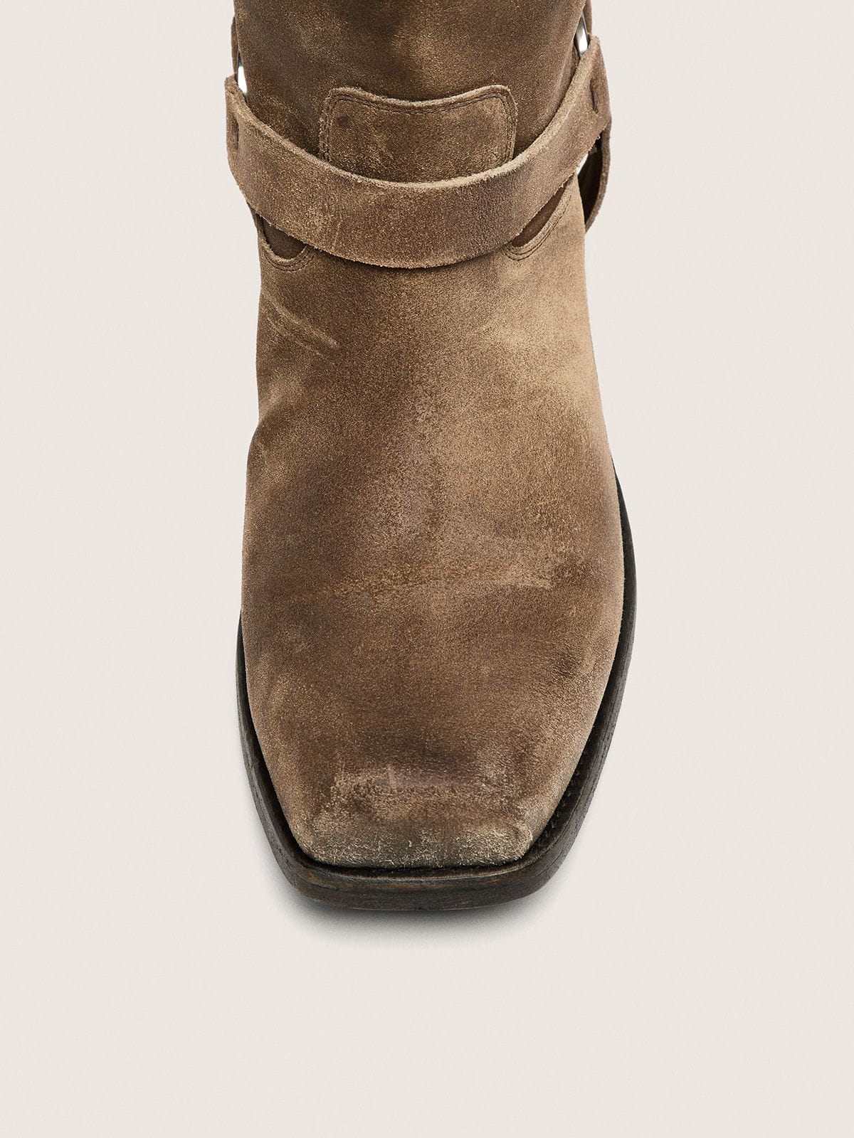 Golden Goose Women's high Biker boots in dark beige waxed suede with strap and a silver-colored buckle