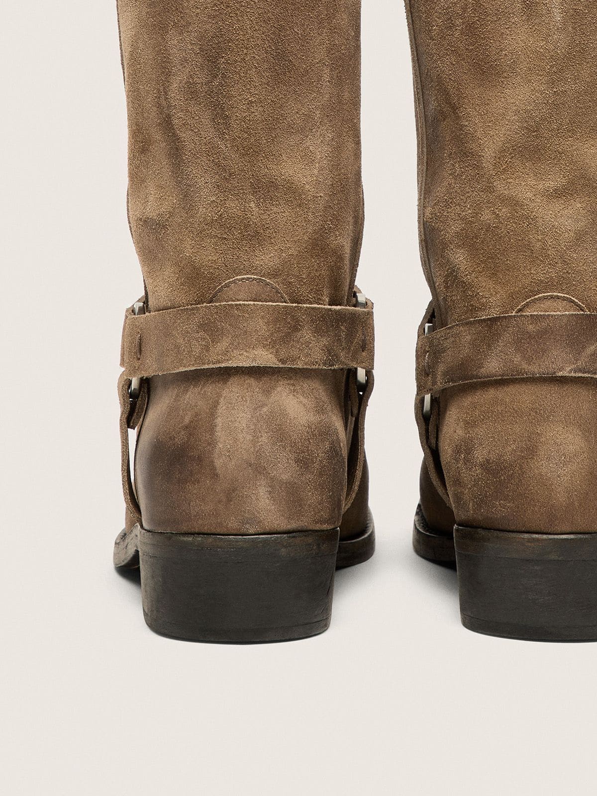 Golden Goose Women's high Biker boots in dark beige waxed suede with strap and a silver-colored buckle