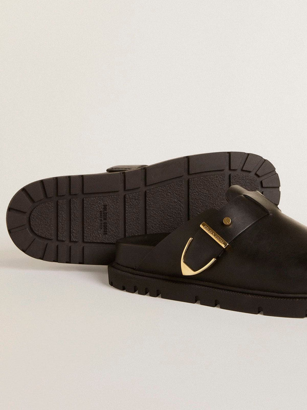 Golden Goose Women's Lucy Sabot in glossy black leather with gold metal buckle