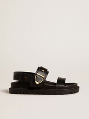 Golden Goose Women's Lucy sandal in glossy black leather with gold metal buckle