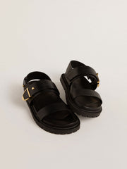 Golden Goose Women's Lucy sandal in glossy black leather with gold metal buckle