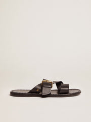Golden Goose Black leather flat sandals with buckle Margaret | Golden Goose