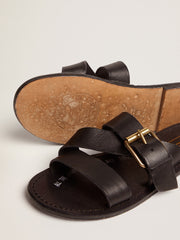 Golden Goose Black leather flat sandals with buckle Margaret | Golden Goose