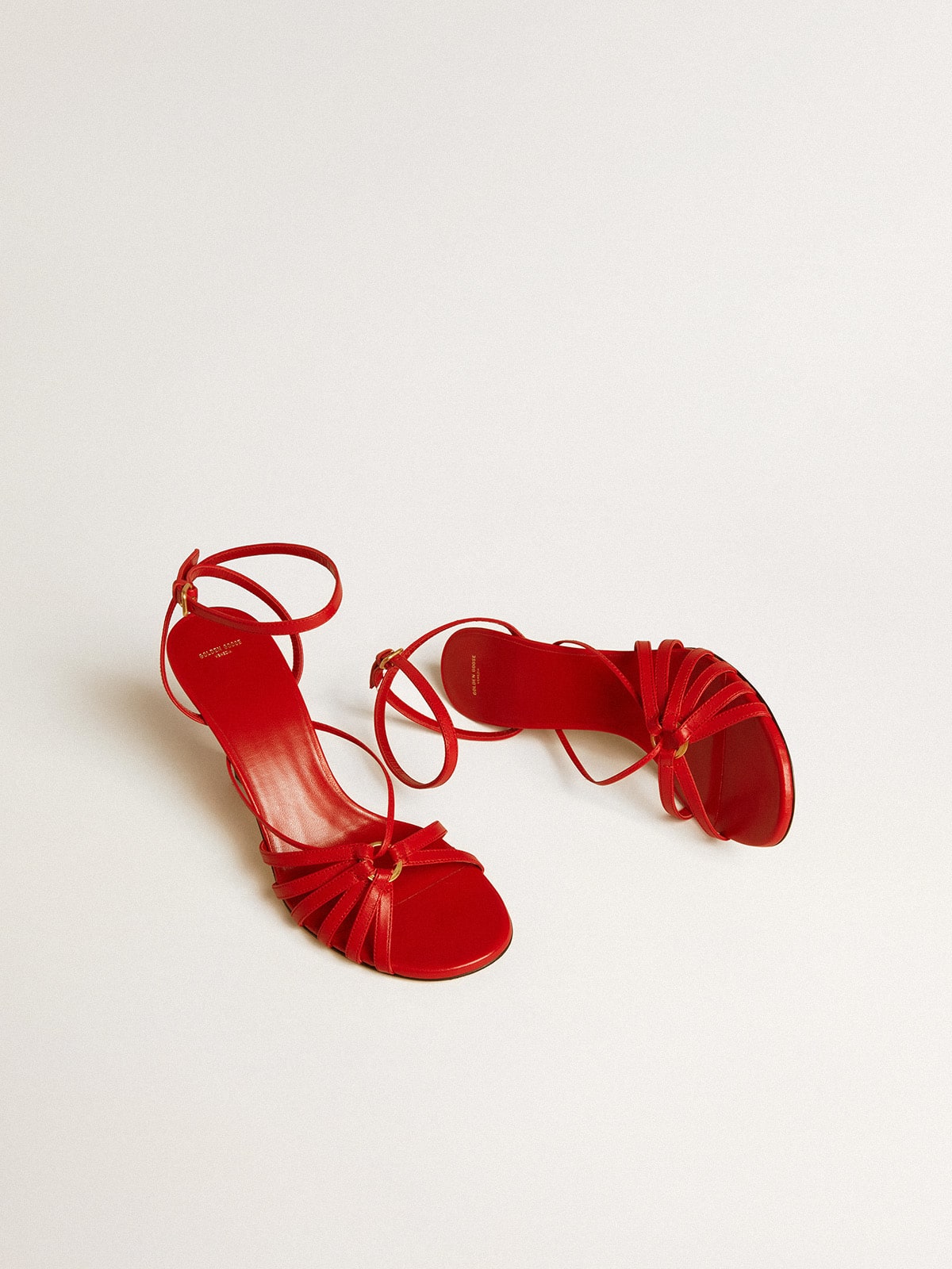 Golden Goose Nico high heel sandals in red nappa leather with gold chain