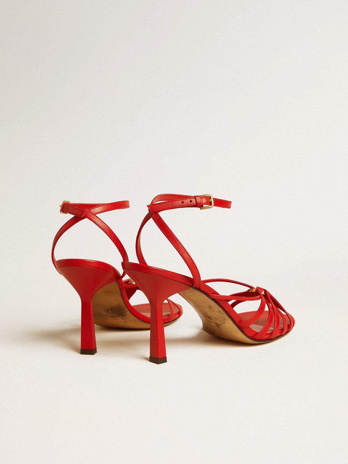 Golden Goose Nico high heel sandals in red nappa leather with gold chain
