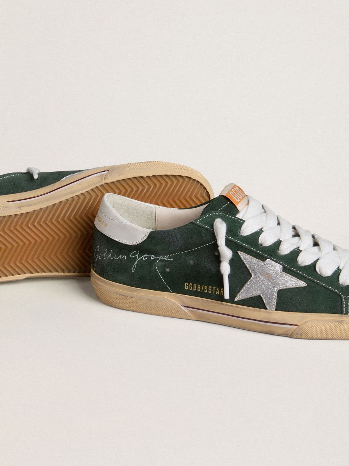 Golden Goose Men's Super-Star in green suede with silver metallic leather star and leather heel tab