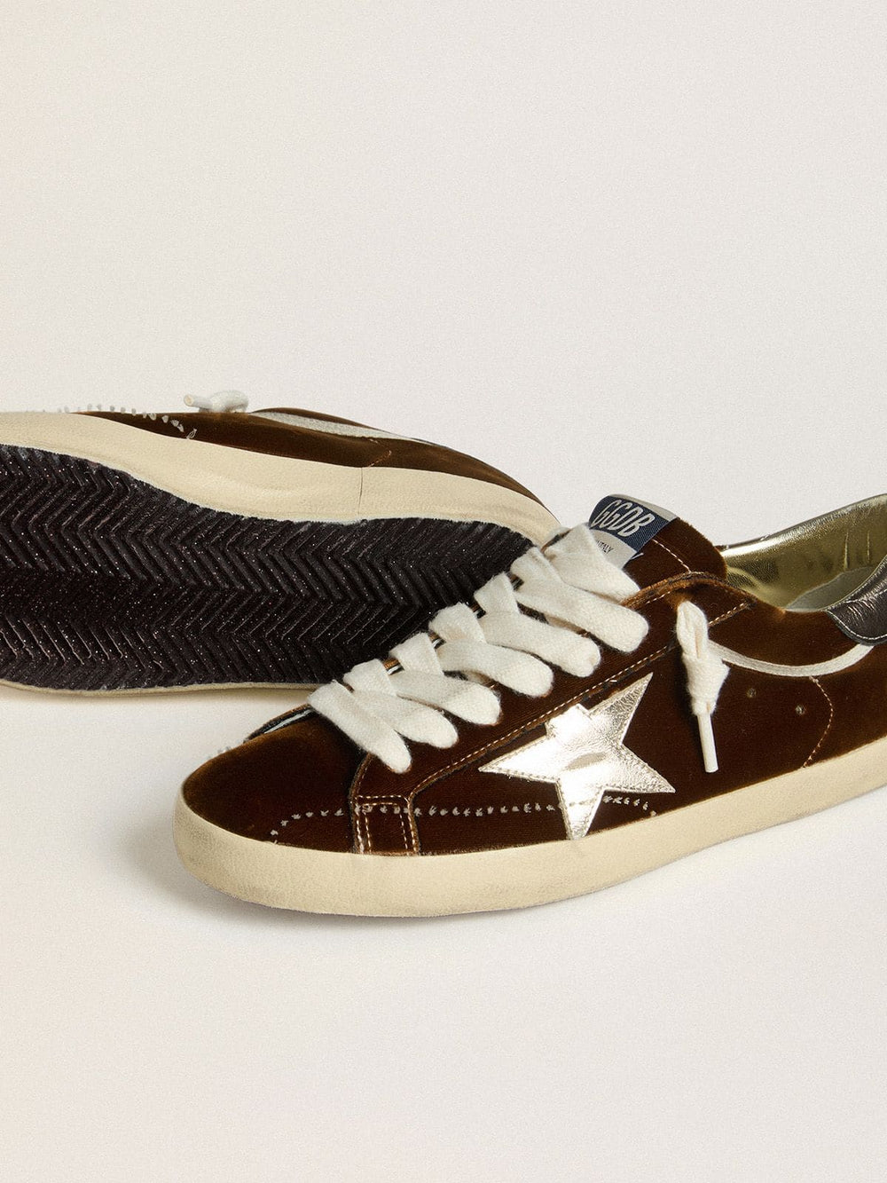 Golden Goose Men's Super-Star in cognac velvet with metallic leather star and heel tab