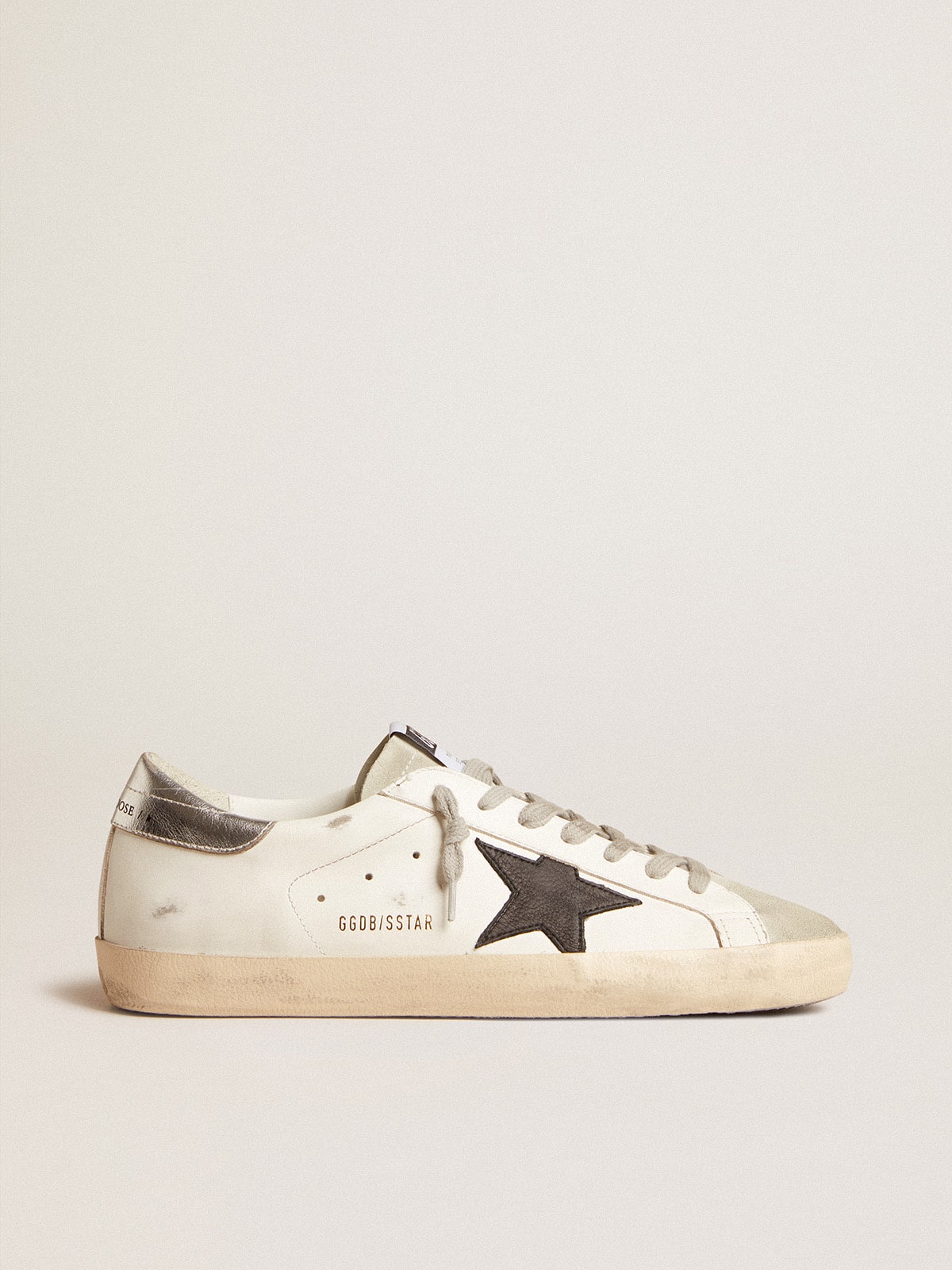 Golden Goose Men's Super-Star in white leather with black nubuck star and silver metallic leather heel tab