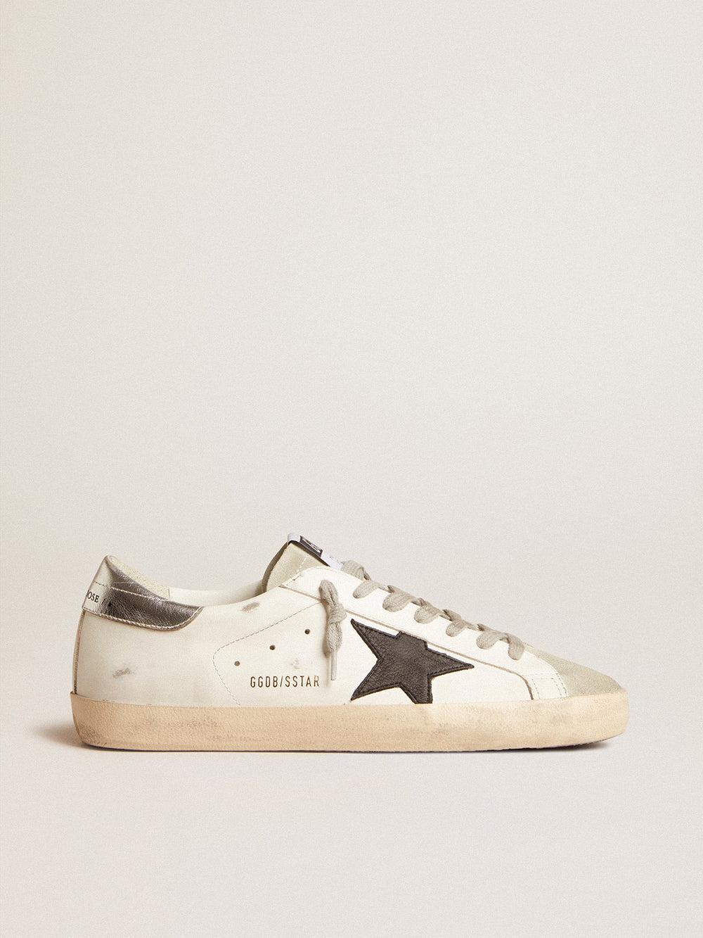 Golden Goose Men's Super-Star in white leather with black nubuck star and silver metallic leather heel tab