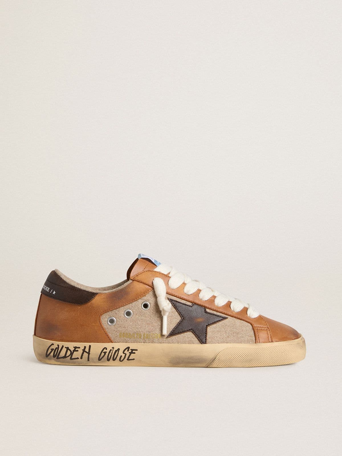 Golden Goose Men's Super-Star LTD in beige wool with brown leather star and camel inserts