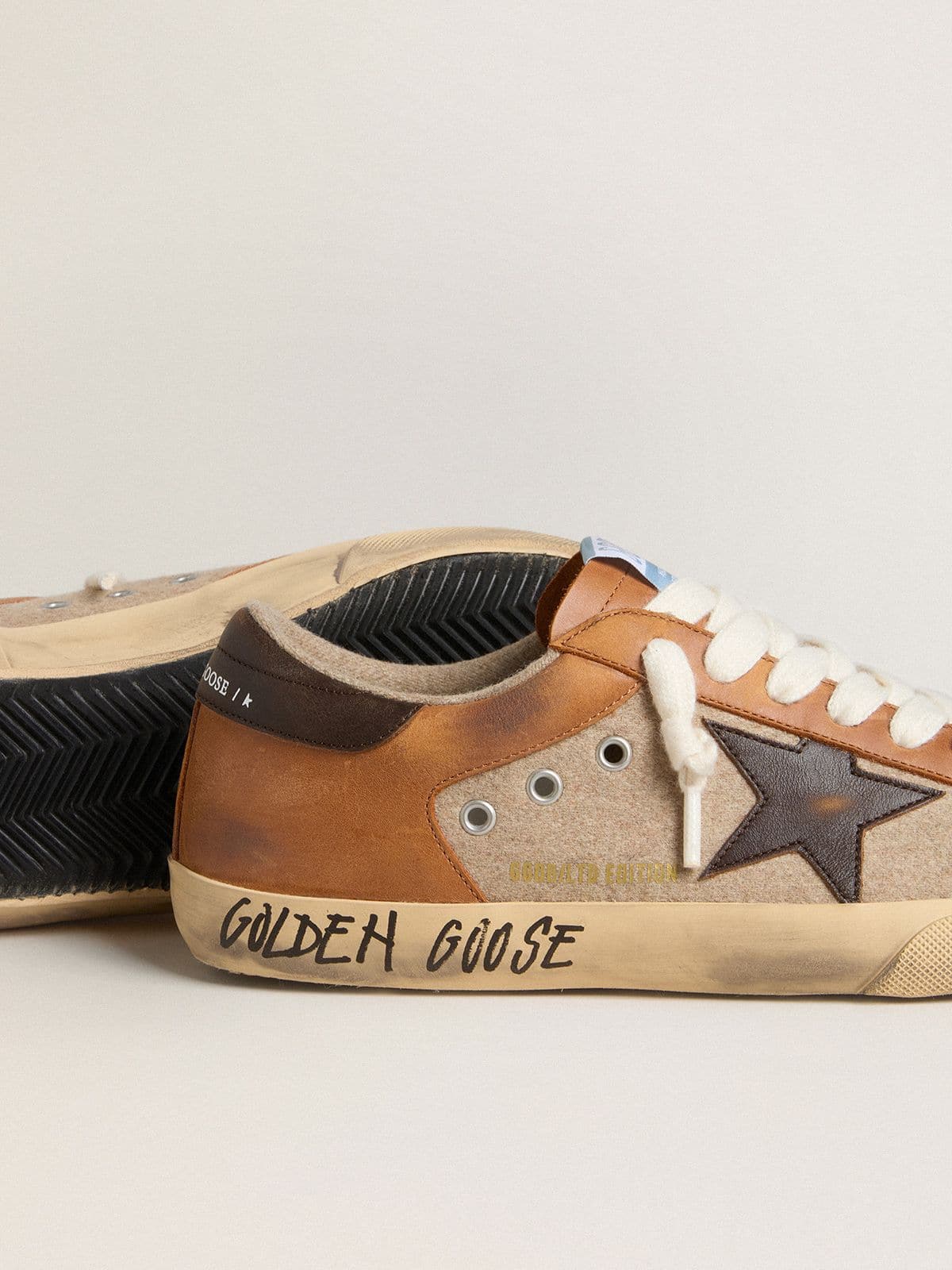 Golden Goose Men's Super-Star LTD in beige wool with brown leather star and camel inserts